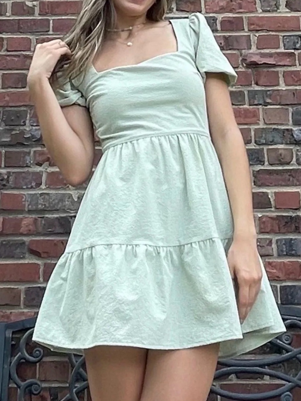 Lalavon Mint Green Puff Sleeve Tiered Mini Dress